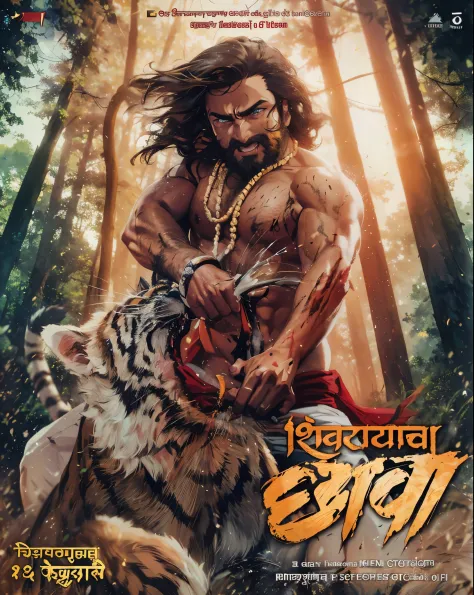 A master pice of oil painting of a muscular maratha hindu warrior, Shivaji Maharaj Looking like greek god and zack effron, long wavy hairs, beard. a fight, he is attacking and fighting a tiger, warrior is  opening mouth a tiger mouth, this is in a dark for...