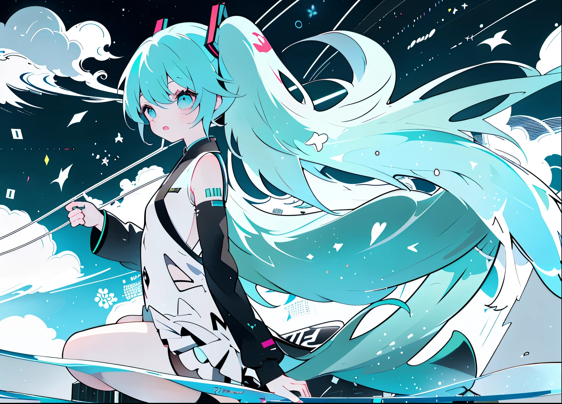 Hatsune miku, ツインテールの非常に長い髪, ネオンアイ, 風が吹いている, ((中央)), ((ワイドショット)), 対面