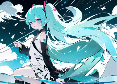 hatsune miku, twintail very long hair, neon eyes, the wind is blowing, ((中央)), ((ワイドショット)), 対面