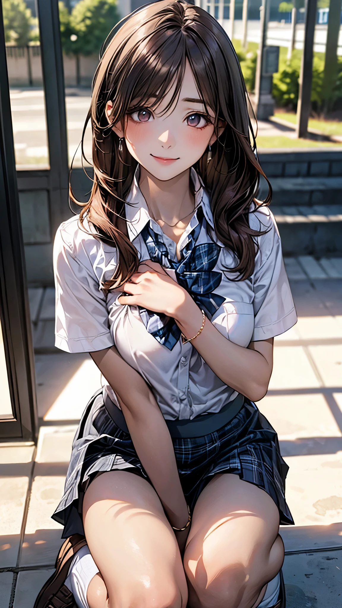 (masterpiece:1.2, top-quality), (realistic, photorealistic:1.4), beautiful illustration, (natural side lighting, movie lighting), nsfw, 
looking at viewer, cowboy shot, front view:0.6, 1 girl, japanese, high school girl, perfect face, cute and symmetrical face, shiny skin, 
(long hair:1.5, side ponytail:1.4, brown hair), hair over one eye, maroon eyes, long eye lasher, (large breasts:0.6, thick thighs), 
beautiful hair, beautiful face, beautiful detailed eyes, beautiful clavicle, beautiful body, beautiful chest, beautiful thigh, beautiful legs, beautiful fingers, 
((collared short sleeve shirt, white shirt, , grey plaid pleated skirt, blue plaid bow tie)), white panties, 
(beautiful scenery), school, (squatting, lift up skirt, grab the hem of the skirt, hands on chest, hand between legs), (lovely smile, upper eyes), 
