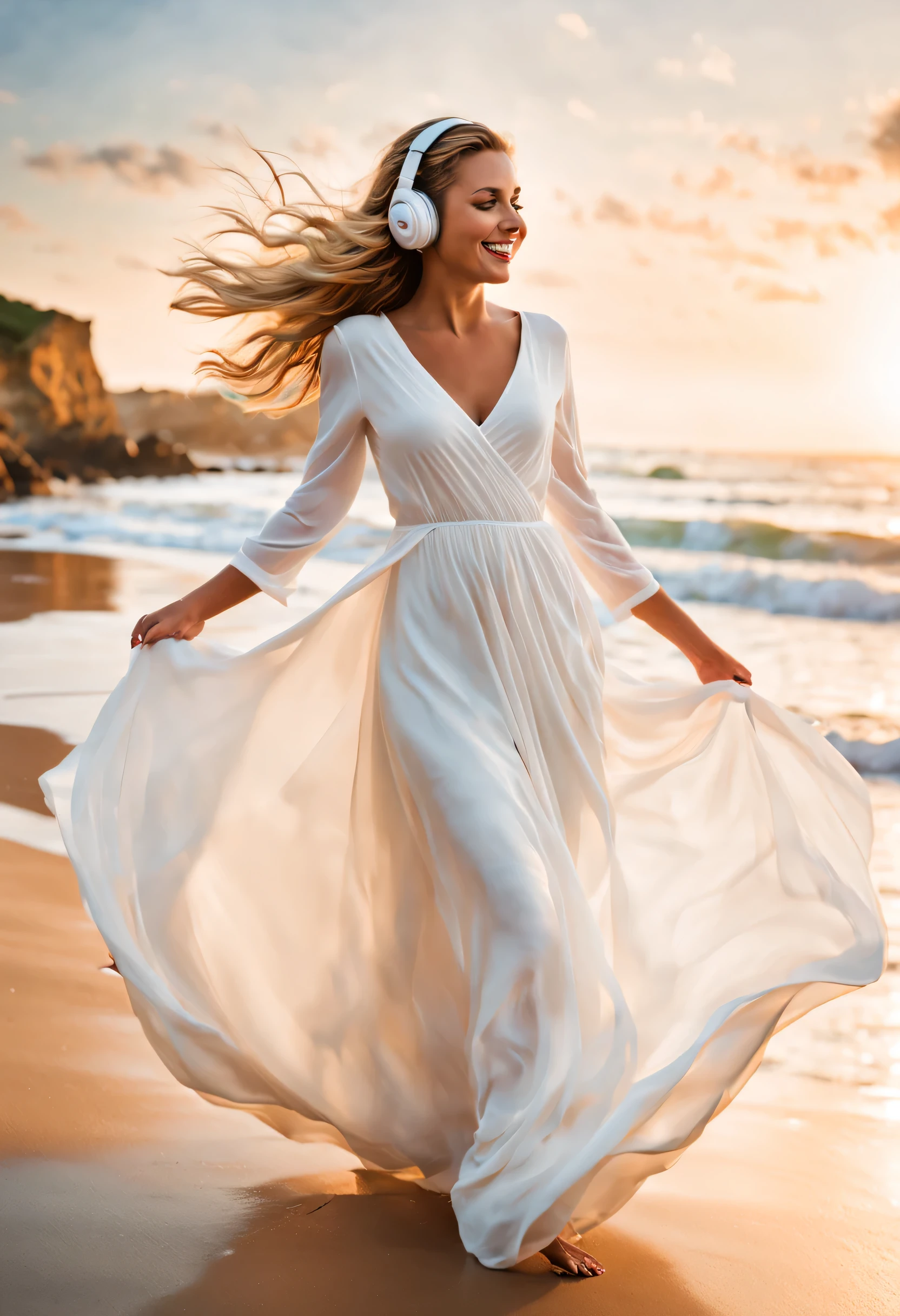 Illustrate the enchanting combination of beauty and musical passion in a 25-year-old woman with white long dress Walking through the beach. She wearing h headphone on her head listening to music, head nodding along to the rhythm. A brilliant smile breaks across her face as the lyrics lift her spirit. Her toes tap and body sways, completely caught up in the joy, liberation and escapism the music provides with its throbbing pulse. The rest of the world drops away as she loses herself in the sound. Her blonde hair gently sways with the rhythm, adding a touch of graceful movement. Capture her serene expression, reflecting the deep connection she feels with the music. Utilize a warm and inviting color palette to enhance the harmony between her gentle nature and the transformative power of music.