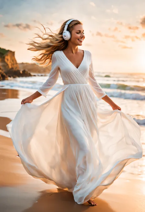 illustrate the enchanting combination of beauty and musical passion in a 25-year-old woman with white long dress walking through...