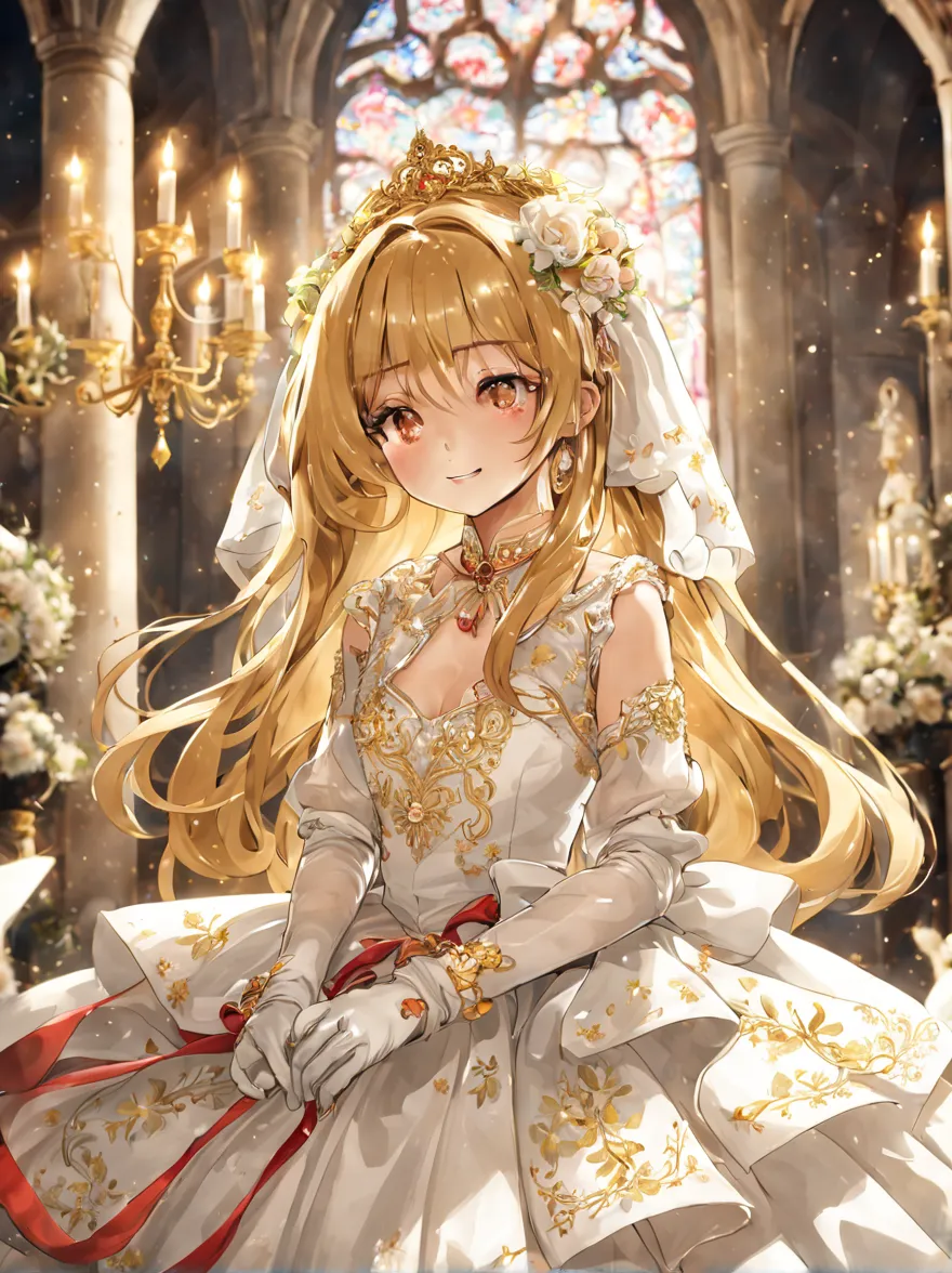 In front of the altar of a majestic church、（blurred background）、bright light、golden long hair girl、Classic White Wedding Dresses...