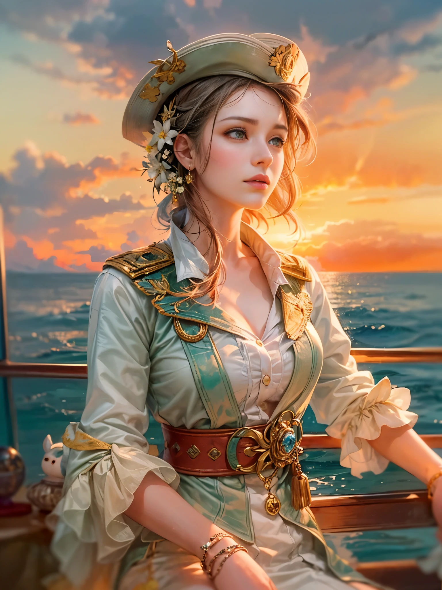 a picture of figures，Depicts a fantasy female captain in a  moment looking out to sea at sunset。Leaning on the ship&#39;s railing，The expression is thoughtful。Vibrant sunset sky reflected in calm sea，seagulls in the distance。Soft, warm lighting highlights her thoughtful gaze。Create using：digital strokes、Reflect emotions、calm ocean scene、Detailed character research、ambient sunset color、peaceful atmosphere、glibatree tips、HD quality、Natural look。Focus on showing the elegance and sophistication of female captains, (floral watercolor painting:1.5)，，(Super high saturation, bright and vivid colors:1.5), (nsfw), (Look at the audience head-on:1.5)