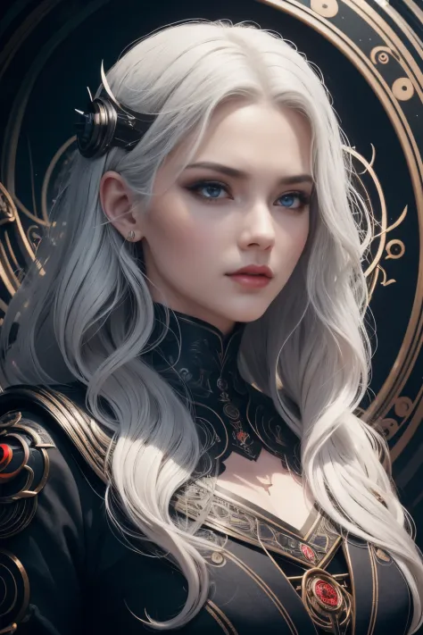 Portrait of a beautiful girl with wavy white hair, wearing a formal black dress with metal parts, red eyes, monograms in the bac...