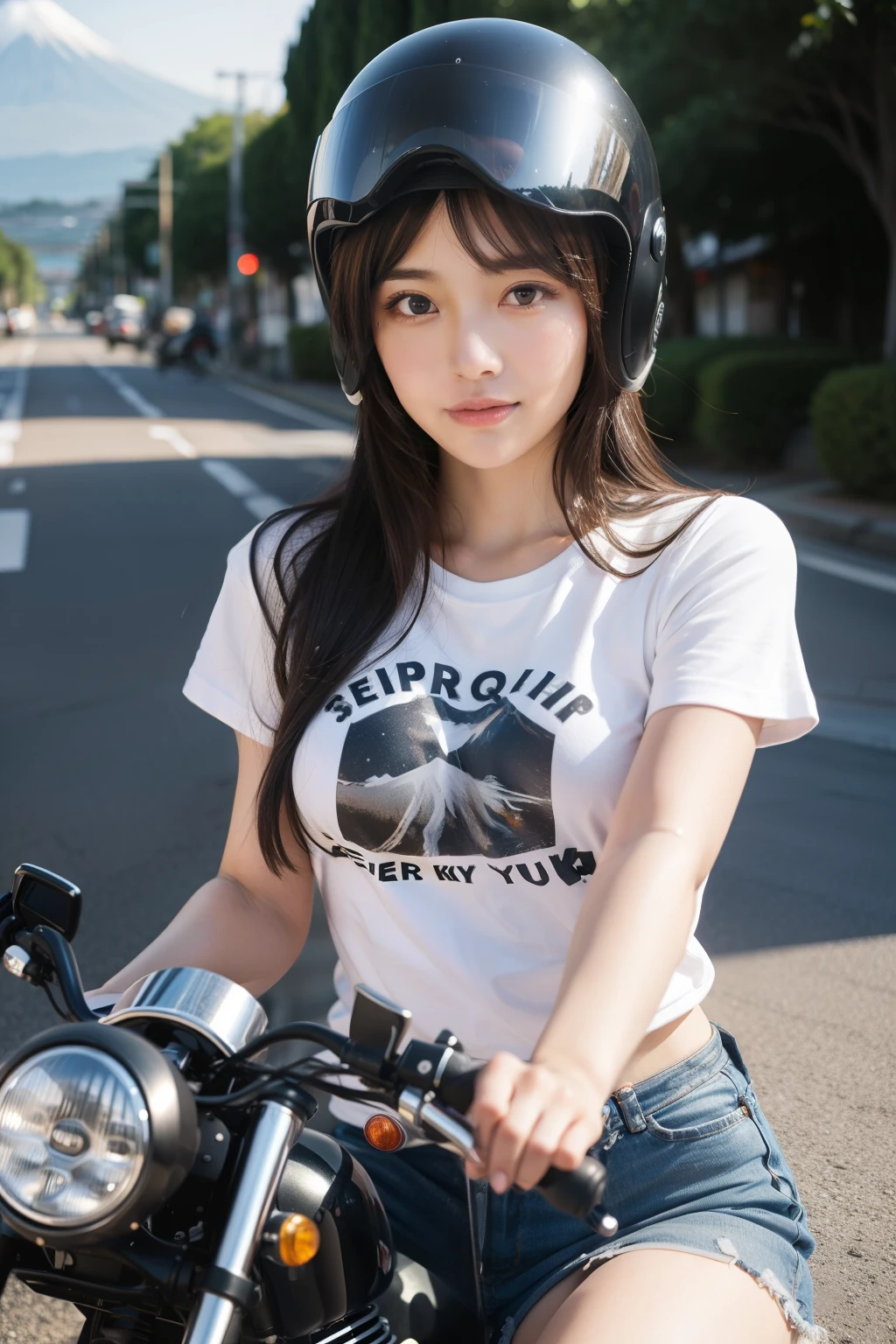 Arafed asian woman sitting on a motorcycle wearing a helmet - SeaArt AI