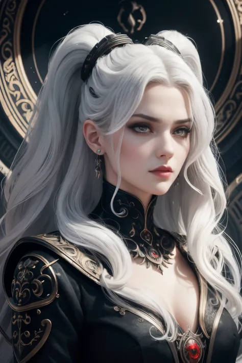 Portrait of a beautiful girl with wavy white hair, wearing a formal black dress with metal parts, red eyes, monograms in the bac...