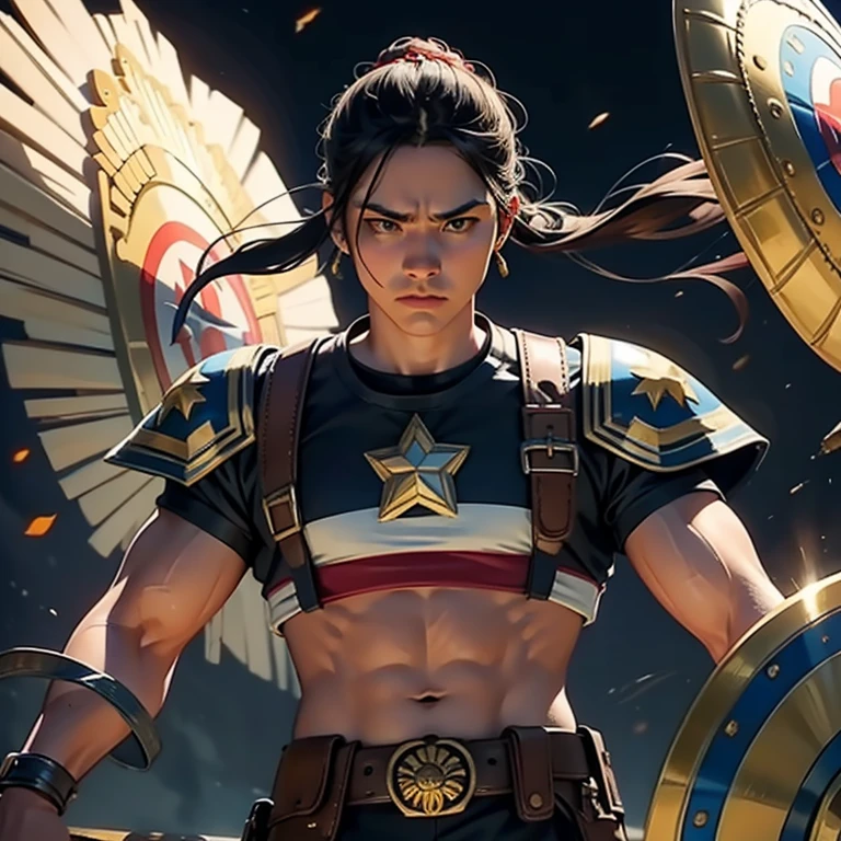 masterpiece, top quality, best representation, official art, beautiful and aesthetic: 1.5,
Aztec Native Captain America,
striking pose, intricately detailed headdress, traditional armor, authentically replicated shield, star-spangled design, realistic muscles and tone,
mature and commanding presence, intense gaze,
vibrant colors, intricate patterns, gold accents,
dynamic composition, meticulous attention to detail,
realistic fabric texture, authentic historical elements,
perfect combination of modern icon and ancient culture.