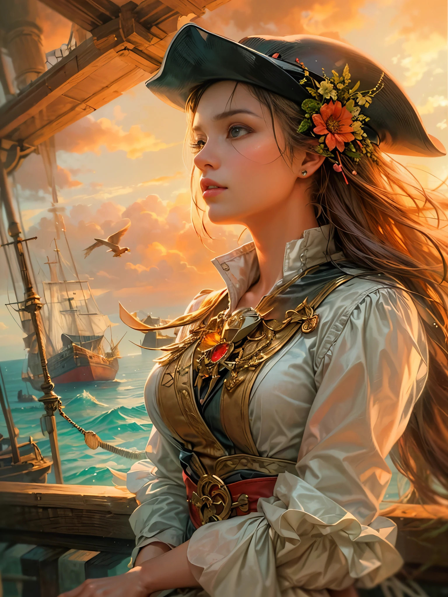 a picture of figures，Depicts a fantasy female captain in a  moment looking out to sea at sunset。Leaning on the ship&#39;s railing，The expression is thoughtful。Vibrant sunset sky reflected in calm sea，seagulls in the distance。Soft, warm lighting highlights her thoughtful gaze。Create using：digital strokes、Reflect emotions、calm ocean scene、Detailed character research、ambient sunset color、peaceful atmosphere、glibatree tips、HD quality、Natural look。Focus on showing the elegance and sophistication of female captains, (floral watercolor painting:1.5)，，(Super high saturation, bright and vivid colors:1.5), (nsfw), (Look at the audience head-on:1.5)