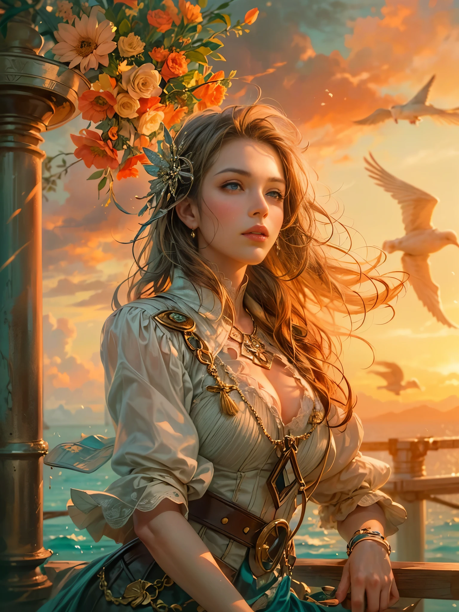 a picture of figures，Depicts a fantasy female captain in a  moment looking out to sea at sunset。Leaning on the ship&#39;s railing，The expression is thoughtful。Vibrant sunset sky reflected in calm sea，seagulls in the distance。Soft, warm lighting highlights her thoughtful gaze。Create using：digital strokes、Reflect emotions、calm ocean scene、Detailed character research、ambient sunset color、peaceful atmosphere、glibatree tips、HD quality、Natural look。Focus on showing the elegance and sophistication of female captains, (floral watercolor painting:1.5)，，(Super high saturation, bright and vivid colors:1.5), (nsfw), (Look at the audience head-on:1.5)