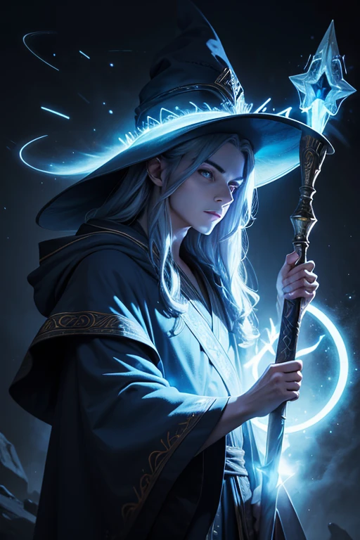 Wizard, young, ancient clothing, pointy hat, long robes, magical surrounding, halo around his head, staff in his hands, posing sideways, portrait, dark bluish color theme