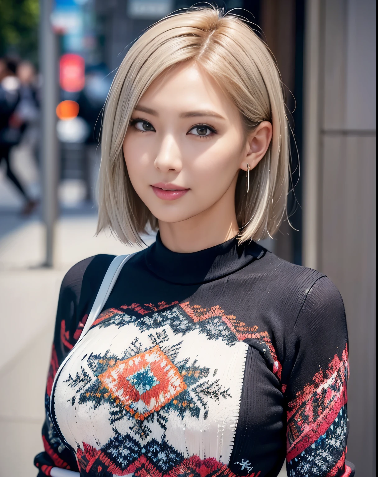 (Just the right kind of 20-year-old Japanese kuro Gyaru for friendship), (ultra ugly pattern sweater:1.5), RAW photo, photorealistic:1.6, Quality:1.5, 8k, Masterpiece:1.3, ultra highres:1.0, Crisp Focus:1.2, (Big breasts:1.5), Beautiful Woman with Perfect Figure, Highly Detailed Face and Skin Texture, Detailed Eyes, Double Eyelids, (kuro-gyaru makeup:1.2), perfect face balance, smile, ((silver short hair)), beautiful studio soft light, rim light, vibrant details, hyper realistic, octane render, detailed beautiful skin, realistic skin, look at the viewer, standing in, (graffiti art, mural art, street art:1.1)