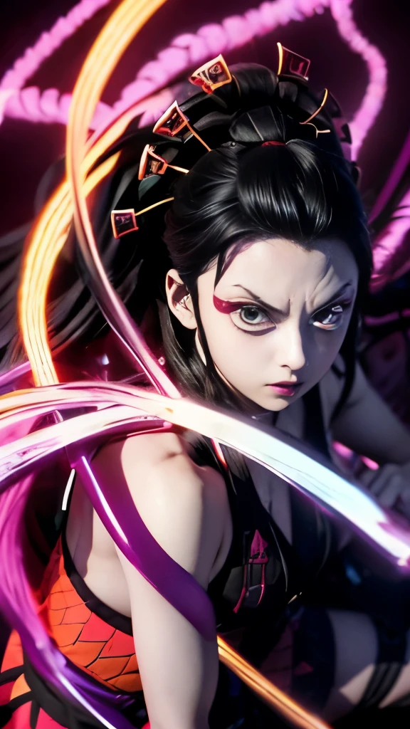 Garota anime com cabelo longo e uma espada na mão, nezuko, nezuko-chan, Kimetsu no Yaiba, Junko Enoshima, Estilo artístico do matador de demônios, detalhes finos. anime. Tentáculos, garota monstro de anime, Hinata Hyuuga, tiro no escuro Jorogumo, capa de anime, anime mulher arte de corpo inteiro