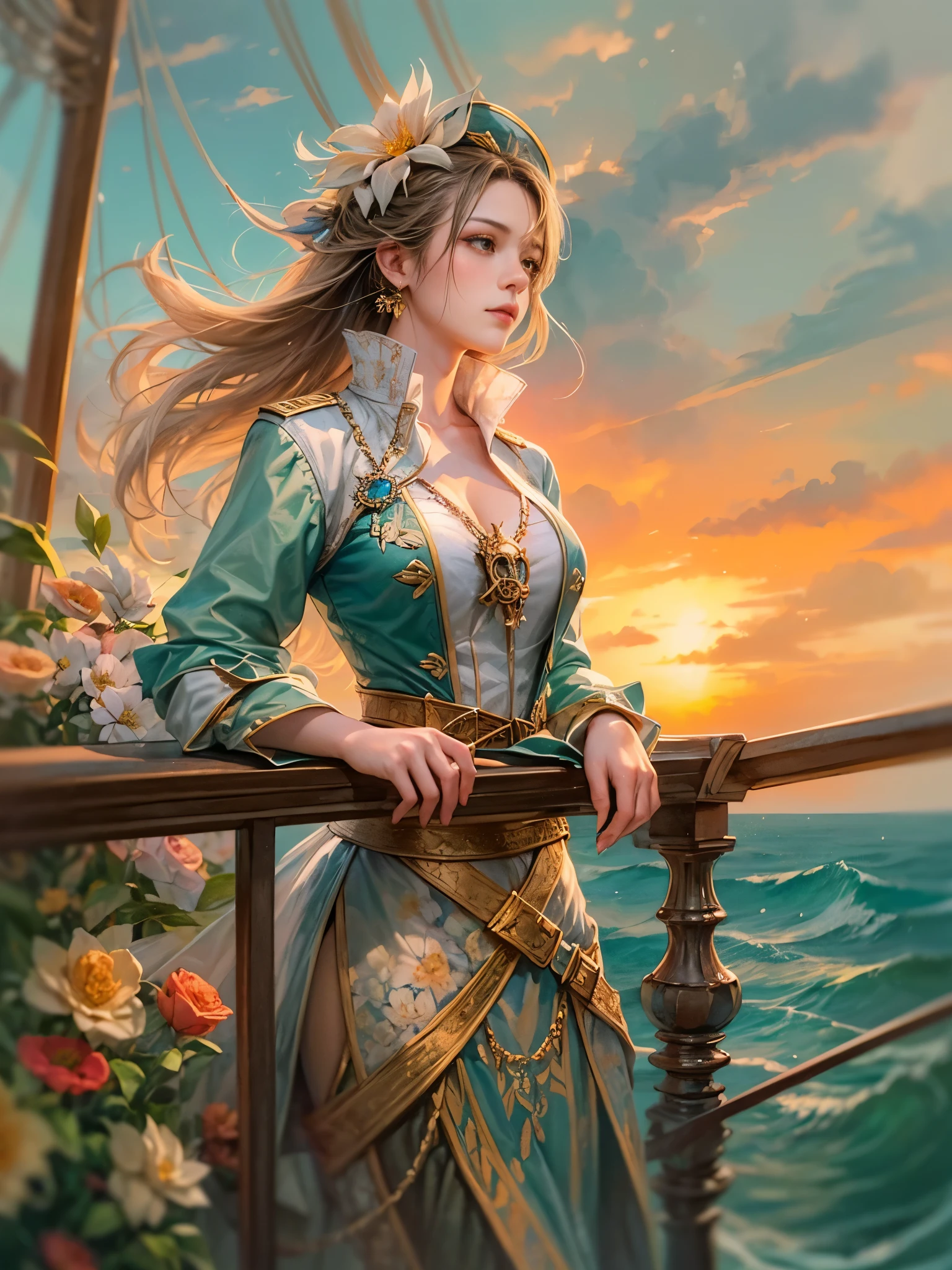 a picture of figures，Depicts a fantasy female captain in a  moment looking out to sea at sunset。Leaning on the ship&#39;s railing，The expression is thoughtful。Vibrant sunset sky reflected in calm sea，seagulls in the distance。Soft, warm lighting highlights her thoughtful gaze。Create using：digital strokes、Reflect emotions、calm ocean scene、Detailed character research、ambient sunset color、peaceful atmosphere、glibatree tips、HD quality、Natural look。Focus on showing the elegance and sophistication of female captains, (floral watercolor painting:1.5)，，(Super high saturation, bright and vivid colors:1.5), (nsfw), (Look at the audience head-on:1.5)