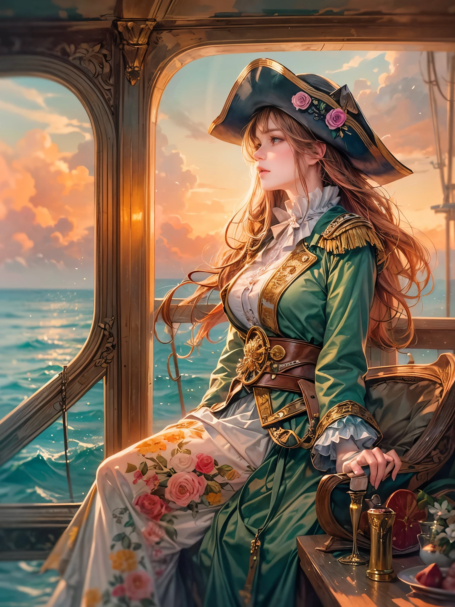 a picture of figures，Depicts a fantasy female captain in a  moment looking out to sea at sunset。Leaning on the ship&#39;s railing，The expression is thoughtful。Vibrant sunset sky reflected in calm sea，seagulls in the distance。Soft, warm lighting highlights her thoughtful gaze。Create using：digital strokes、Reflect emotions、calm ocean scene、Detailed character research、ambient sunset color、peaceful atmosphere、glibatree tips、HD quality、Natural look。Focus on showing the elegance and sophistication of female captains, (floral watercolor painting:1.5)，，(Super high saturation, bright and vivid colors:1.5), (nsfw), (Look at the audience head-on:1.5)