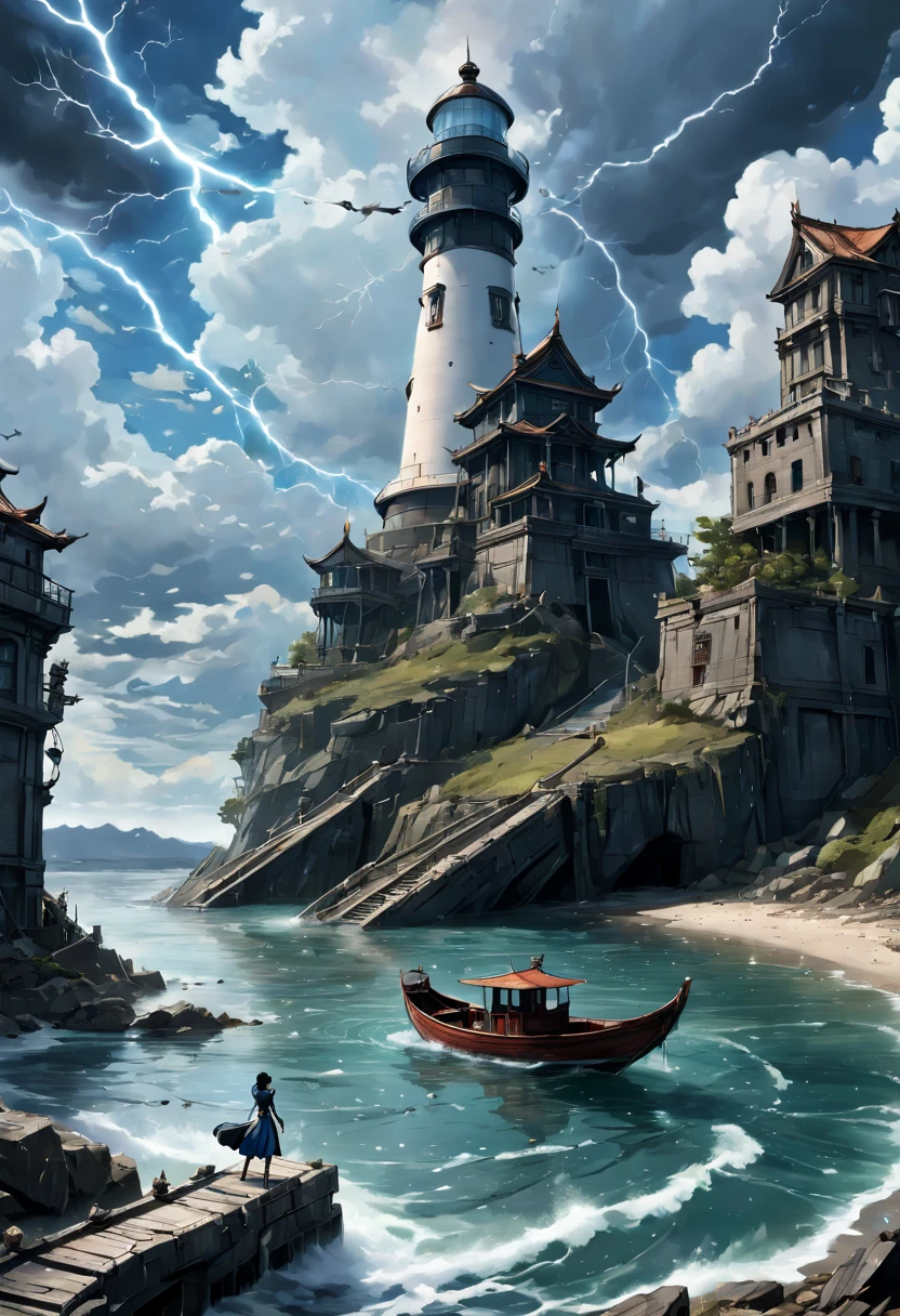(masterpiece, best quality), highres, style by Masamune Shirow, (detailed), 1st plan, (1dragon_sea_female), in a lake, near lighthouse, in a pity state, waves, 2nd plan, lightning, rainbow, a flying cat in sky, clouds, 3rd plan, old fichingboat wheathered, ruins on coast, Medium shot angle