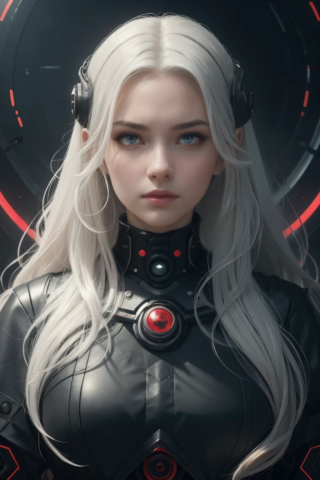 Portrait of a beautiful girl with wavy white hair, wearing a formal black dress with metal parts, red eyes, monograms in the background, digital painting, dark colors, 8k, complex details, vintage, retro futuristic style, sharp focus on the center, pastel colors, art station, (sci-fi, future, future theme), (facial expression looking with disdain), (detailed illustration)