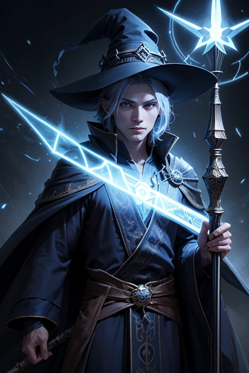 Wizard, young, ancient clothing, pointy hat, long robes, magical surrounding, halo around his head, staff in his hands, posing sideways, portrait, dark bluish color theme, short hair, masculine, slight smiley face