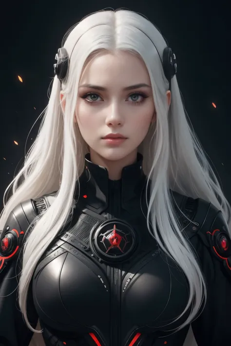 Portrait of a beautiful girl with wavy white hair, wearing a formal black dress with metal parts, red eyes, monograms in the background, digital painting, dark colors, 8k, complex details, vintage, retro futuristic style, sharp focus on the center, pastel ...
