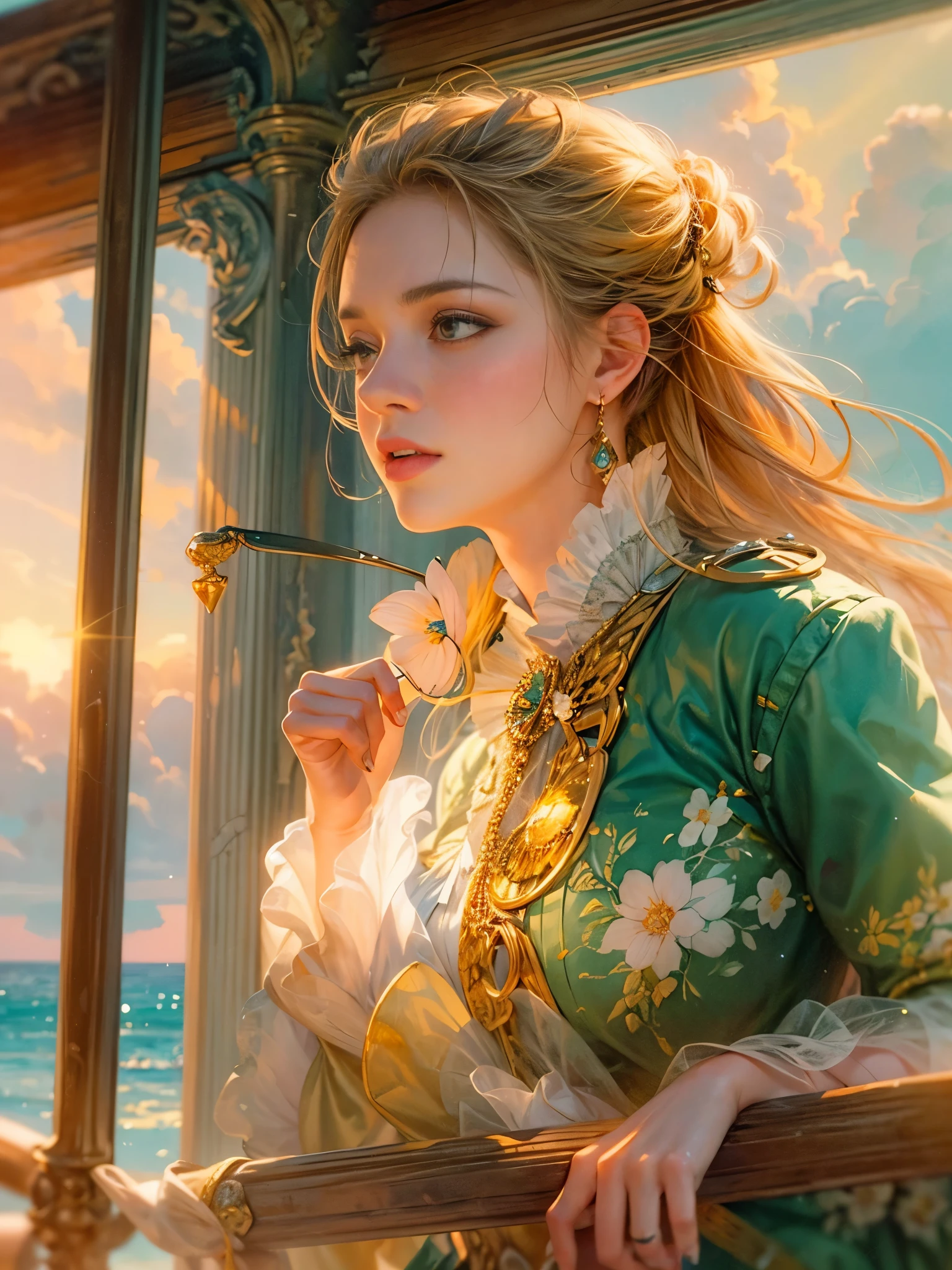 a picture of figures，Depicts a fantasy female captain in a  moment looking out to sea at sunset。Leaning on the ship&#39;s railing，The expression is thoughtful。Vibrant sunset sky reflected in calm sea，seagulls in the distance。Soft, warm lighting highlights her thoughtful gaze。Create using：digital strokes、Reflect emotions、calm ocean scene、Detailed character research、ambient sunset color、peaceful atmosphere、glibatree tips、HD quality、Natural look。Focus on showing the elegance and sophistication of female captains, (floral watercolor painting:1.5)，，(Super high saturation, bright and vivid colors:1.5), (nsfw), (Look at the audience head-on:1.5)