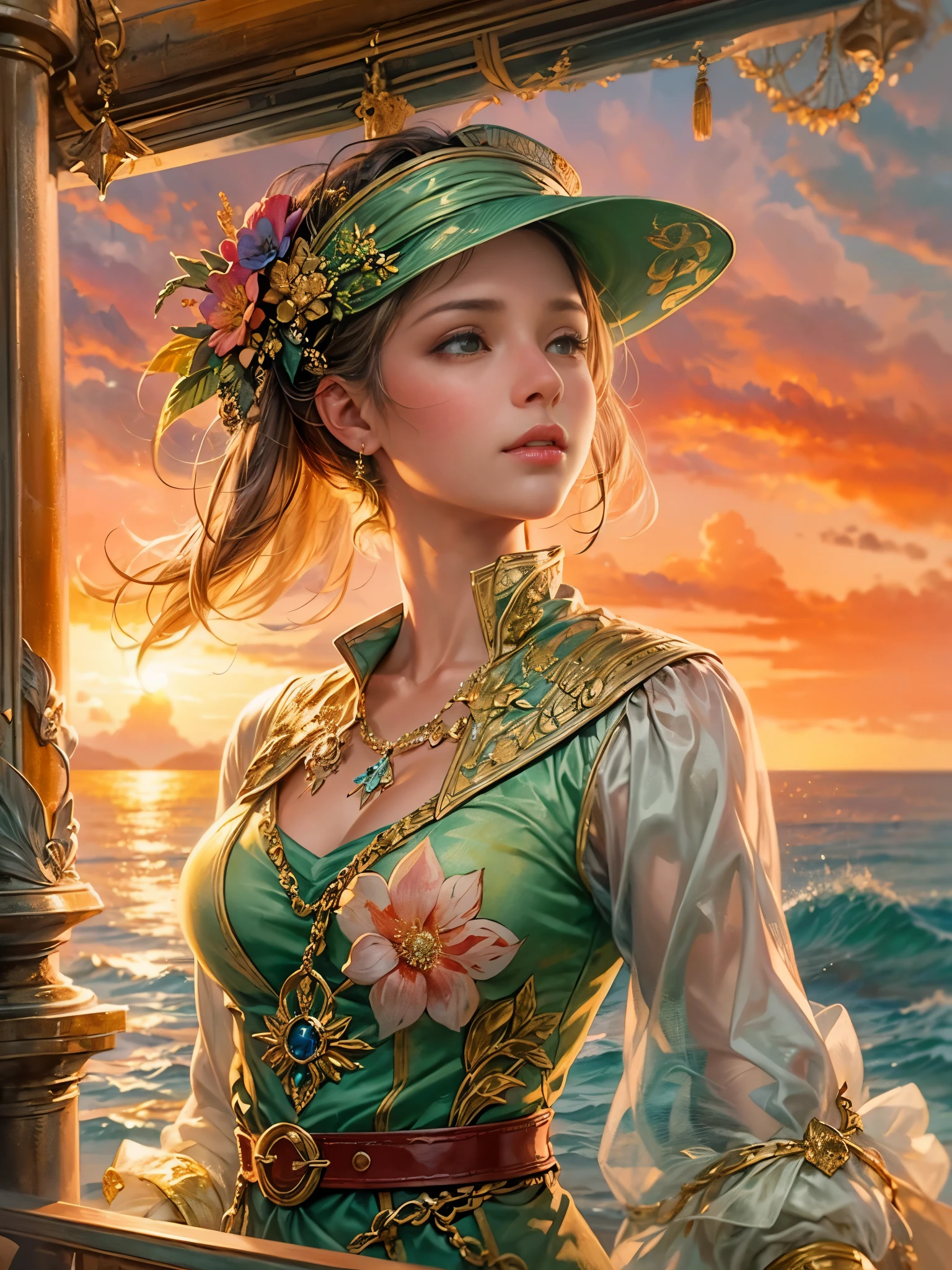 a picture of figures，Depicts a fantasy female captain in a  moment looking out to sea at sunset。Leaning on the ship&#39;s railing，The expression is thoughtful。Vibrant sunset sky reflected in calm sea，seagulls in the distance。Soft, warm lighting highlights her thoughtful gaze。Create using：digital strokes、Reflect emotions、calm ocean scene、Detailed character research、ambient sunset color、peaceful atmosphere、glibatree tips、HD quality、Natural look。Focus on showing the elegance and sophistication of female captains, (floral watercolor painting:1.5)，，(Super high saturation, bright and vivid colors:1.5), (nsfw), (Look at the audience head-on:1.5)