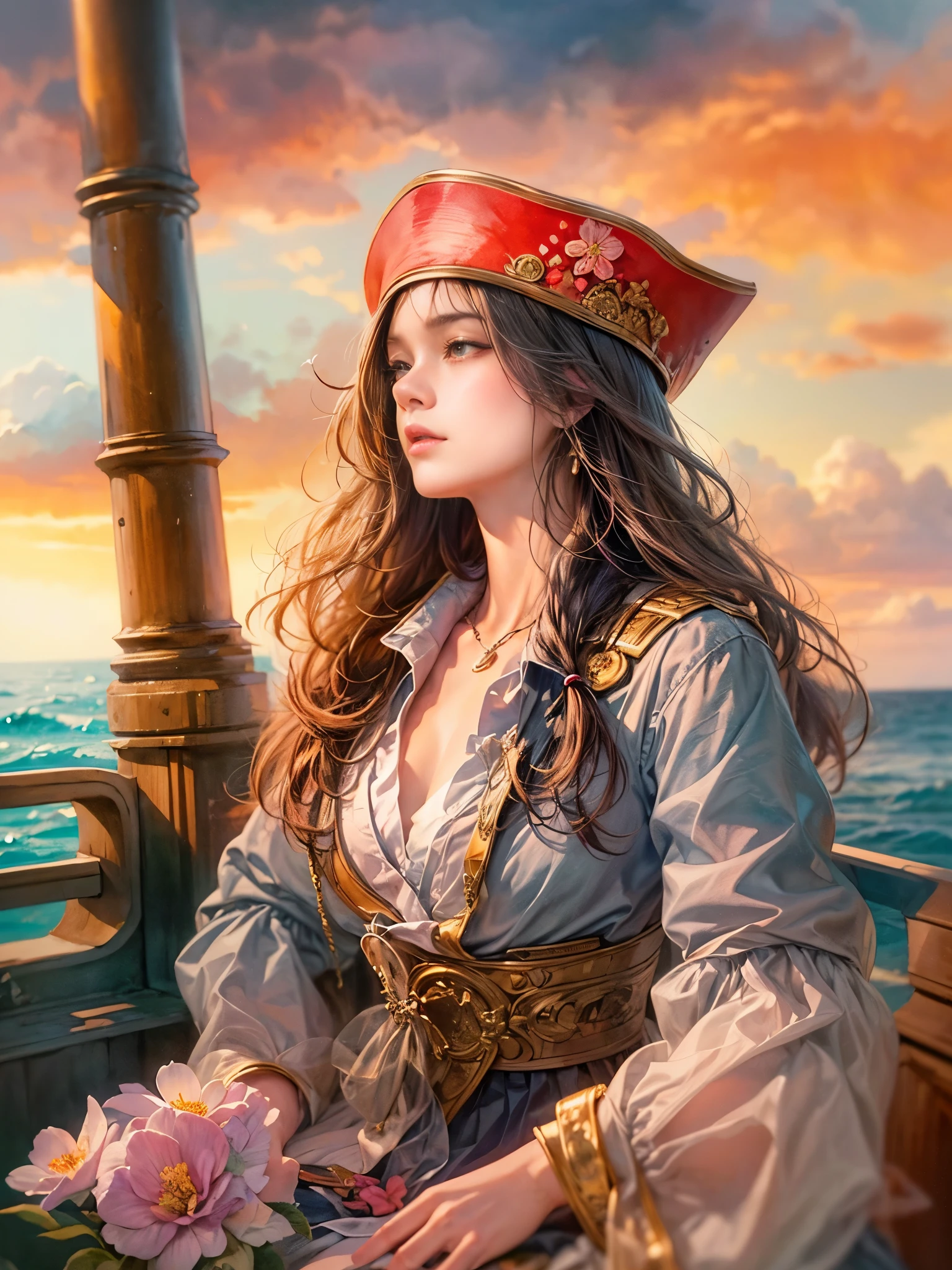 a picture of figures，Depicts a fantasy female captain in a  moment looking out to sea at sunset。Leaning on the ship&#39;s railing，The expression is thoughtful。Vibrant sunset sky reflected in calm sea，seagulls in the distance。Soft, warm lighting highlights her thoughtful gaze。Create using：digital strokes、Reflect emotions、calm ocean scene、Detailed character research、ambient sunset color、peaceful atmosphere、glibatree tips、HD quality、Natural look。Focus on showing the elegance and sophistication of female captains, (floral watercolor painting:1.5)，，(Super high saturation, bright and vivid colors:1.5), (nsfw), (Look at the audience head-on:1.5)