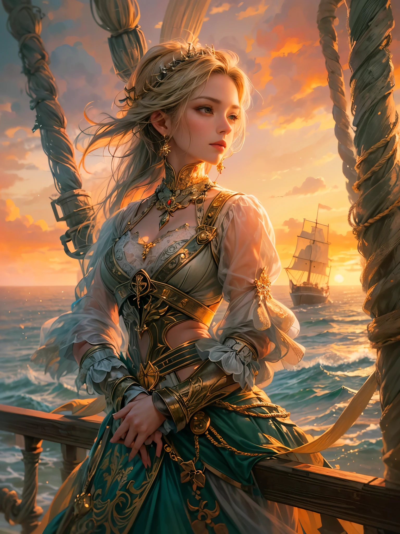 a picture of figures，Depicts a fantasy female captain in a  moment looking out to sea at sunset。Leaning on the ship&#39;s railing，The expression is thoughtful。Vibrant sunset sky reflected in calm sea，seagulls in the distance。Soft, warm lighting highlights her thoughtful gaze。Create using：digital strokes、Reflect emotions、calm ocean scene、Detailed character research、ambient sunset color、peaceful atmosphere、glibatree tips、HD quality、Natural look。Focus on showing the elegance and sophistication of female captains, (floral watercolor painting:1.5)，，(Super high saturation, bright and vivid colors:1.5), (nsfw), (Look at the audience head-on:1.5)