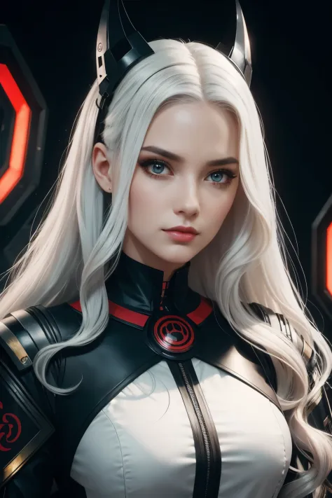Portrait of a beautiful girl with wavy white hair, wearing a formal black dress with metal parts, red eyes, monograms in the background, digital painting, dark colors, 8k, complex details, vintage, retro futuristic style, sharp focus on the center, pastel ...
