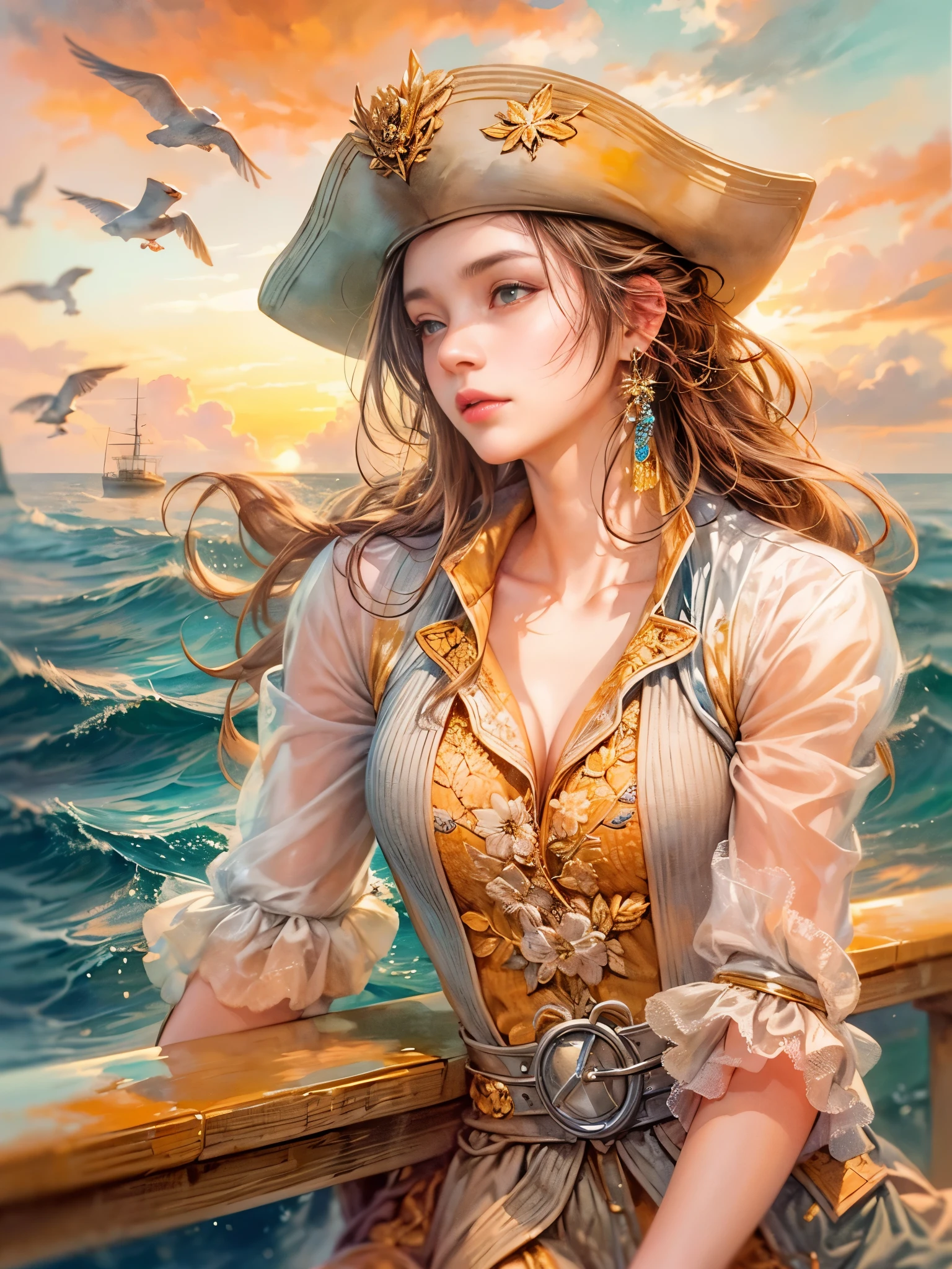 a picture of figures，Depicts a fantasy female captain in a  moment looking out to sea at sunset。Leaning on the ship&#39;s railing，The expression is thoughtful。Vibrant sunset sky reflected in calm sea，seagulls in the distance。Soft, warm lighting highlights her thoughtful gaze。Create using：digital strokes、Reflect emotions、calm ocean scene、Detailed character research、ambient sunset color、peaceful atmosphere、glibatree tips、HD quality、Natural look。Focus on showing the elegance and sophistication of female captains, (floral watercolor painting:1.5)，，(Super high saturation, bright and vivid colors:1.5), (nsfw), (Look at the audience head-on:1.5)