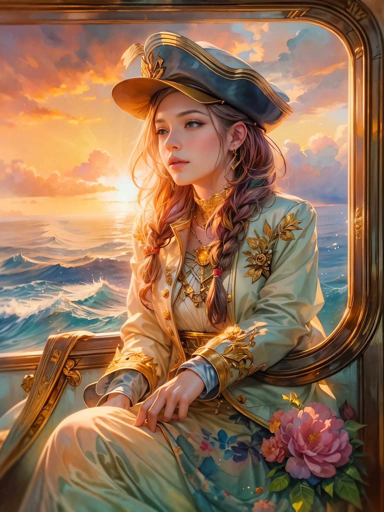 a picture of figures，Depicts a fantasy female captain in a  moment looking out to sea at sunset。Leaning on the ship&#39;s railing，The expression is thoughtful。Vibrant sunset sky reflected in calm sea，seagulls in the distance。Soft, warm lighting highlights her thoughtful gaze。Create using：digital strokes、Reflect emotions、calm ocean scene、Detailed character research、ambient sunset color、peaceful atmosphere、glibatree tips、HD quality、Natural look。Focus on showing the elegance and sophistication of female captains, (floral watercolor painting:1.5)，，(Super high saturation, bright and vivid colors:1.5), (nsfw), (Look at the audience head-on:1.5)