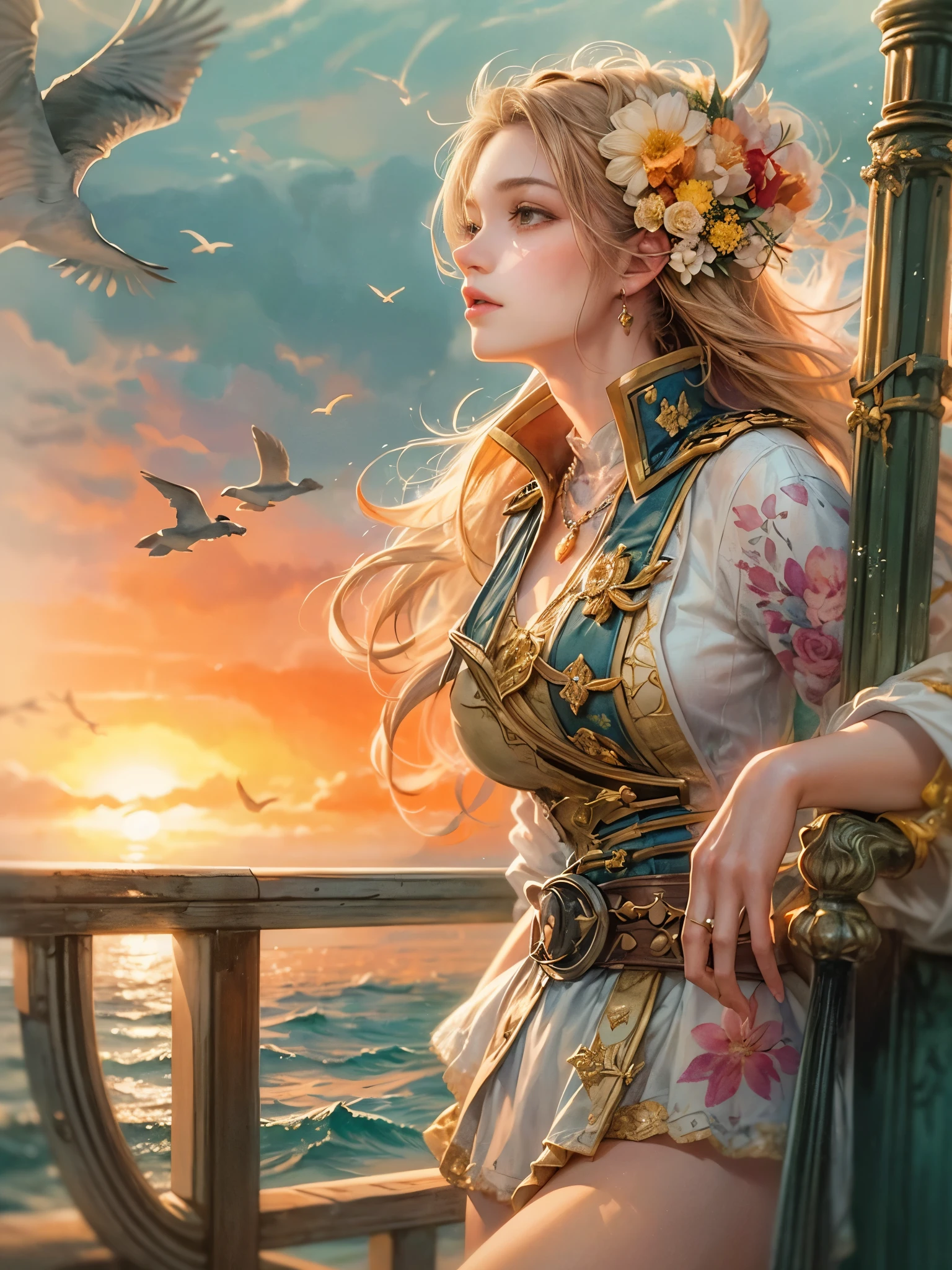 a picture of figures，Depicts a fantasy female captain in a  moment looking out to sea at sunset。Leaning on the ship&#39;s railing，The expression is thoughtful。Vibrant sunset sky reflected in calm sea，seagulls in the distance。Soft, warm lighting highlights her thoughtful gaze。Create using：digital strokes、Reflect emotions、calm ocean scene、Detailed character research、ambient sunset color、peaceful atmosphere、glibatree tips、HD quality、Natural look。Focus on showing the elegance and sophistication of female captains, (floral watercolor painting:1.5)，，(Super high saturation, bright and vivid colors:1.5), (nsfw), (Look at the audience head-on:1.5)