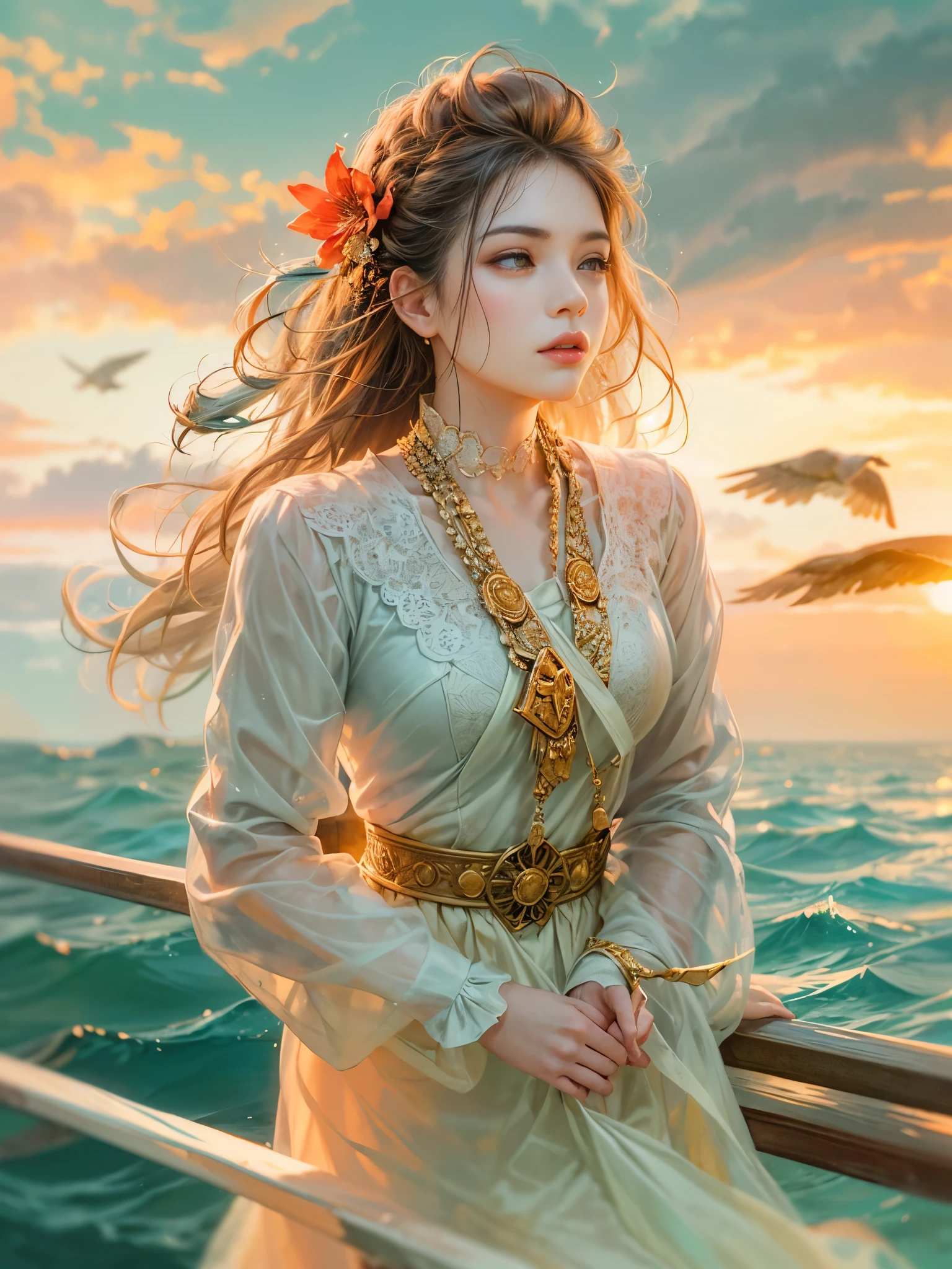 a picture of figures，Depicts a fantasy female captain in a  moment looking out to sea at sunset。Leaning on the ship&#39;s railing，The expression is thoughtful。Vibrant sunset sky reflected in calm sea，seagulls in the distance。Soft, warm lighting highlights her thoughtful gaze。Create using：digital strokes、Reflect emotions、calm ocean scene、Detailed character research、ambient sunset color、peaceful atmosphere、glibatree tips、HD quality、Natural look。Focus on showing the elegance and sophistication of female captains, (floral watercolor painting:1.5)，，(Super high saturation, bright and vivid colors:1.5), (nsfw), (Look at the audience head-on:1.5)