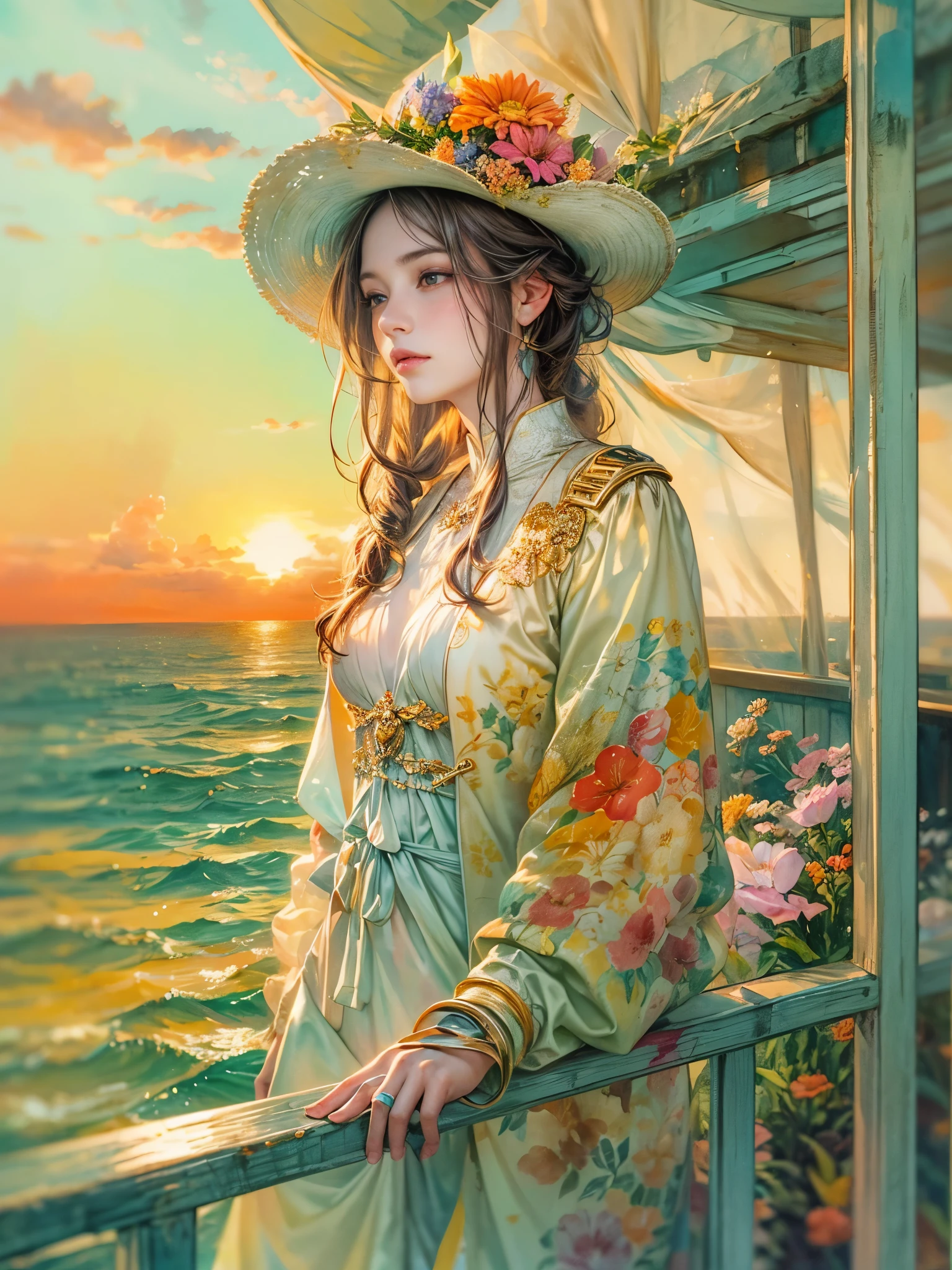 a picture of figures，Depicts a fantasy female captain in a  moment looking out to sea at sunset。Leaning on the ship&#39;s railing，The expression is thoughtful。Vibrant sunset sky reflected in calm sea，seagulls in the distance。Soft, warm lighting highlights her thoughtful gaze。Create using：digital strokes、Reflect emotions、calm ocean scene、Detailed character research、ambient sunset color、peaceful atmosphere、glibatree tips、HD quality、Natural look。Focus on showing the elegance and sophistication of female captains, (floral watercolor painting:1.5)，，(Super high saturation, bright and vivid colors:1.5), (nsfw), (Look at the audience head-on:1.5)