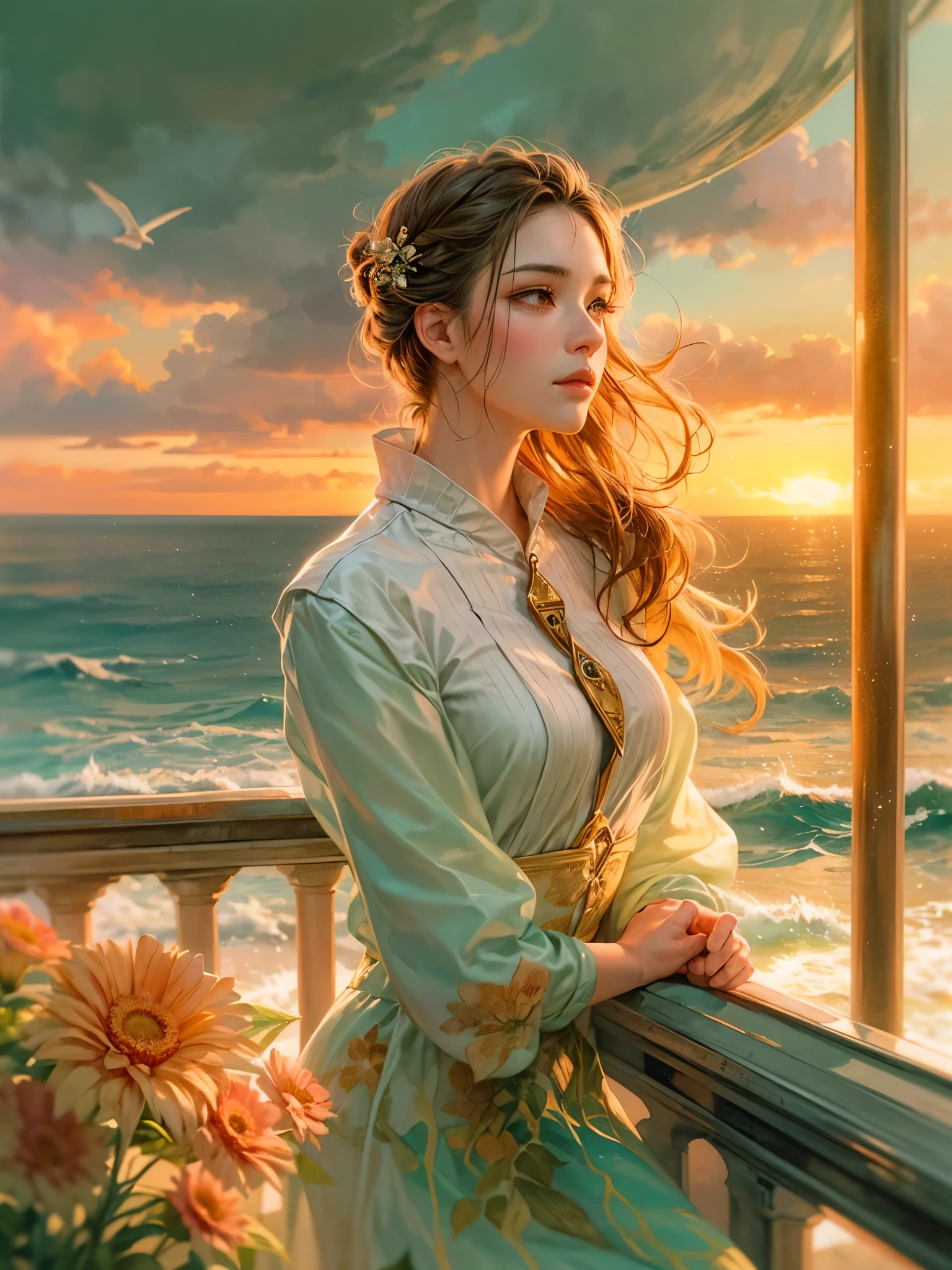 a picture of figures，Depicts a fantasy female captain in a  moment looking out to sea at sunset。Leaning on the ship&#39;s railing，The expression is thoughtful。Vibrant sunset sky reflected in calm sea，seagulls in the distance。Soft, warm lighting highlights her thoughtful gaze。Create using：digital strokes、Reflect emotions、calm ocean scene、Detailed character research、ambient sunset color、peaceful atmosphere、glibatree tips、HD quality、Natural look。Focus on showing the elegance and sophistication of female captains, (floral watercolor painting:1.5)，，(Super high saturation, bright and vivid colors:1.5), (nsfw), (Look at the audience head-on:1.5)