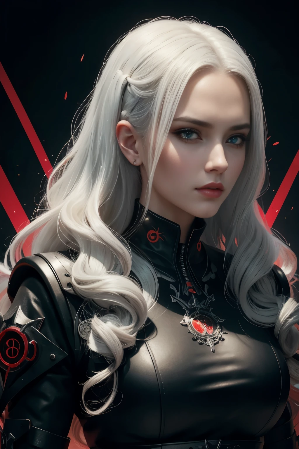 Portrait of a beautiful girl with wavy white hair, wearing a formal black dress with metal parts, red eyes, monograms in the background, digital painting, dark colors, 8k, complex details, vintage, retro futuristic style, sharp focus on the center, pastel colors, art station, (sci-fi, future, future theme), (facial expression looking with disdain), (detailed illustration)