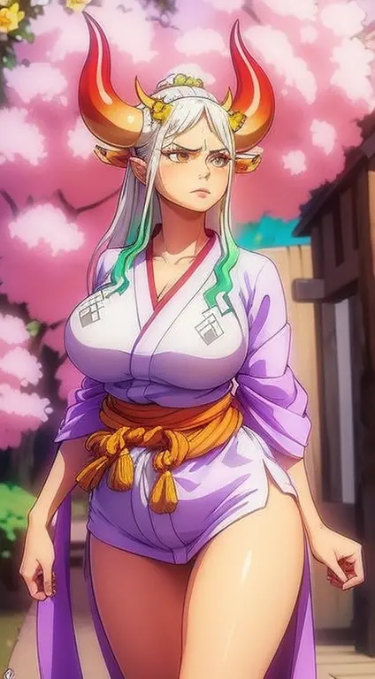(masterpiece), best quality, expressive orange eyes, perfect face, massive boobs, standing, wearing a kimono, cherry blossom tre...