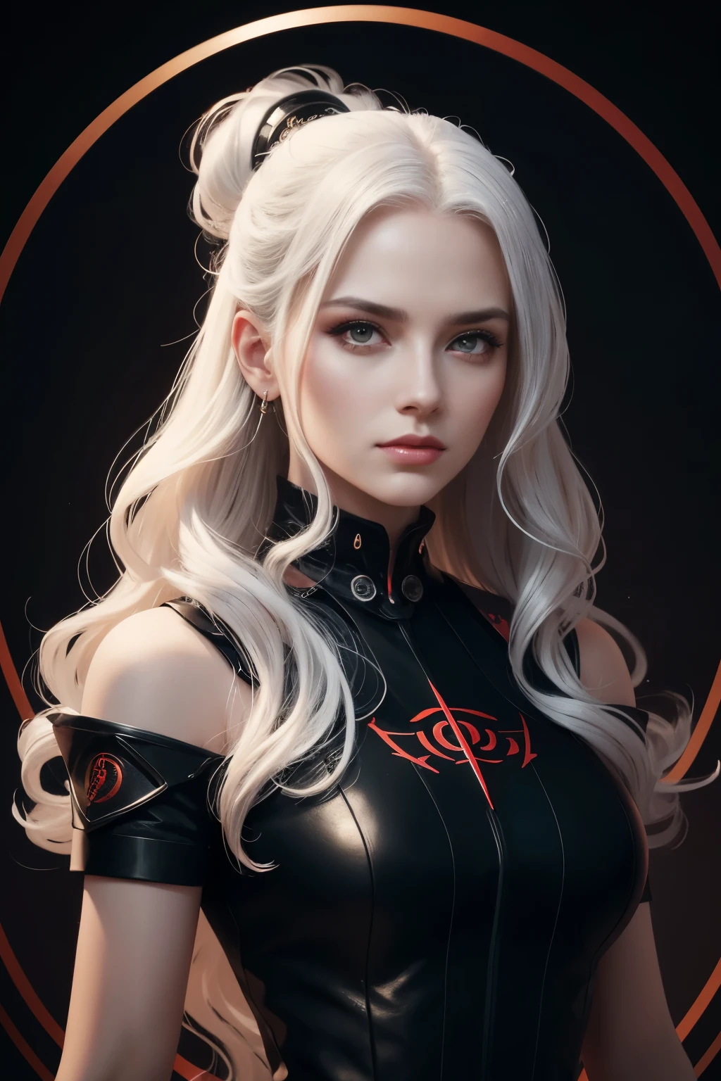 Portrait of a beautiful girl with wavy white hair, wearing a formal black dress with metal parts, red eyes, monograms in the background, digital painting, dark colors, 8k, complex details, vintage, retro futuristic style, sharp focus on the center, pastel colors, art station, (sci-fi, future, future theme), (facial expression looking with disdain), (detailed illustration)