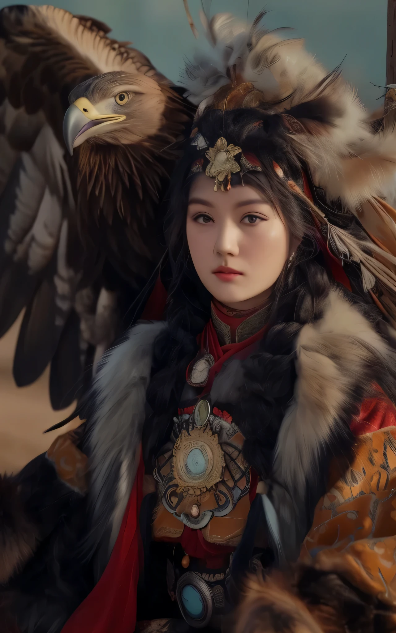 Une femme girafe portant une coiffe à plumes avec un grand aigle, une jeune femme comme Gengis Khan, une jeune chamane, elle est vêtue de vêtements de chaman, belle jeune femme chamane, portrait, une belle femme guerrière, beau jeune esprit du vent, Impératrice kazakhe, guerrier aviaire, Portrait d’une femme guerrière, Belle guerrière