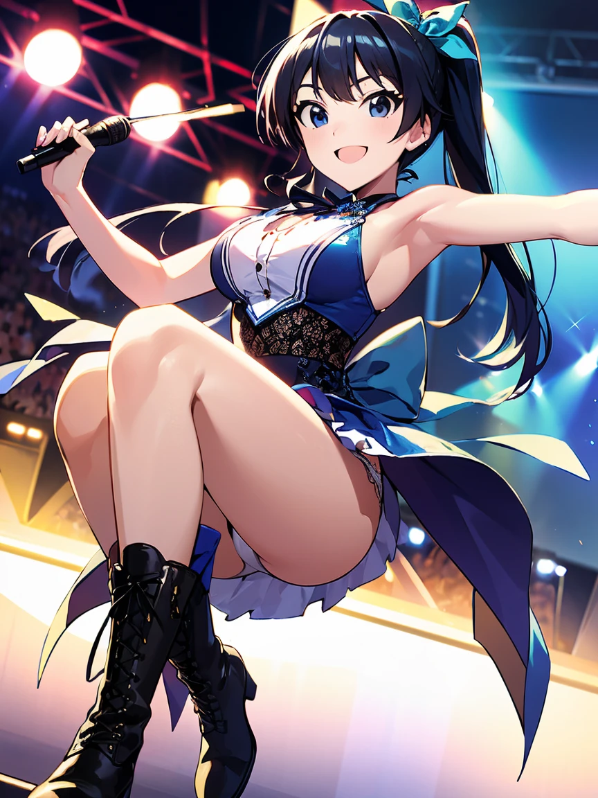 ((highest quality, 8K, Idol Master: 1.3, RAW photo)), sharp focus 1.1),Namco Pro,Hibiki Ganaha.by 2 person, beautiful face, highly detailed face, turquoise blue highlights,black hair ponytail,big ribbon,brown skin,A big smile (Light blue idol costume 1.5), live concert,Lots of spotlights (Show white lace panties:1.1), from the front, idol boots,whole body