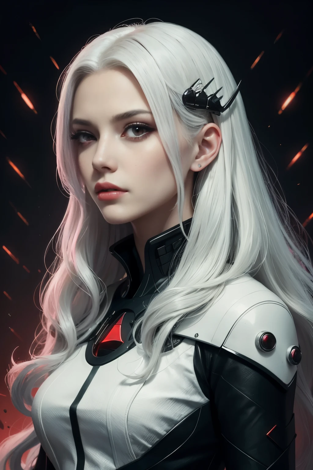 Portrait of a beautiful girl with wavy white hair, wearing a formal black dress with metal parts, red eyes, monograms in the background, digital painting, dark colors, 8k, complex details, vintage, retro futuristic style, sharp focus on the center, pastel colors, art station, (sci-fi, future, future theme), (facial expression looking with disdain), (detailed illustration)