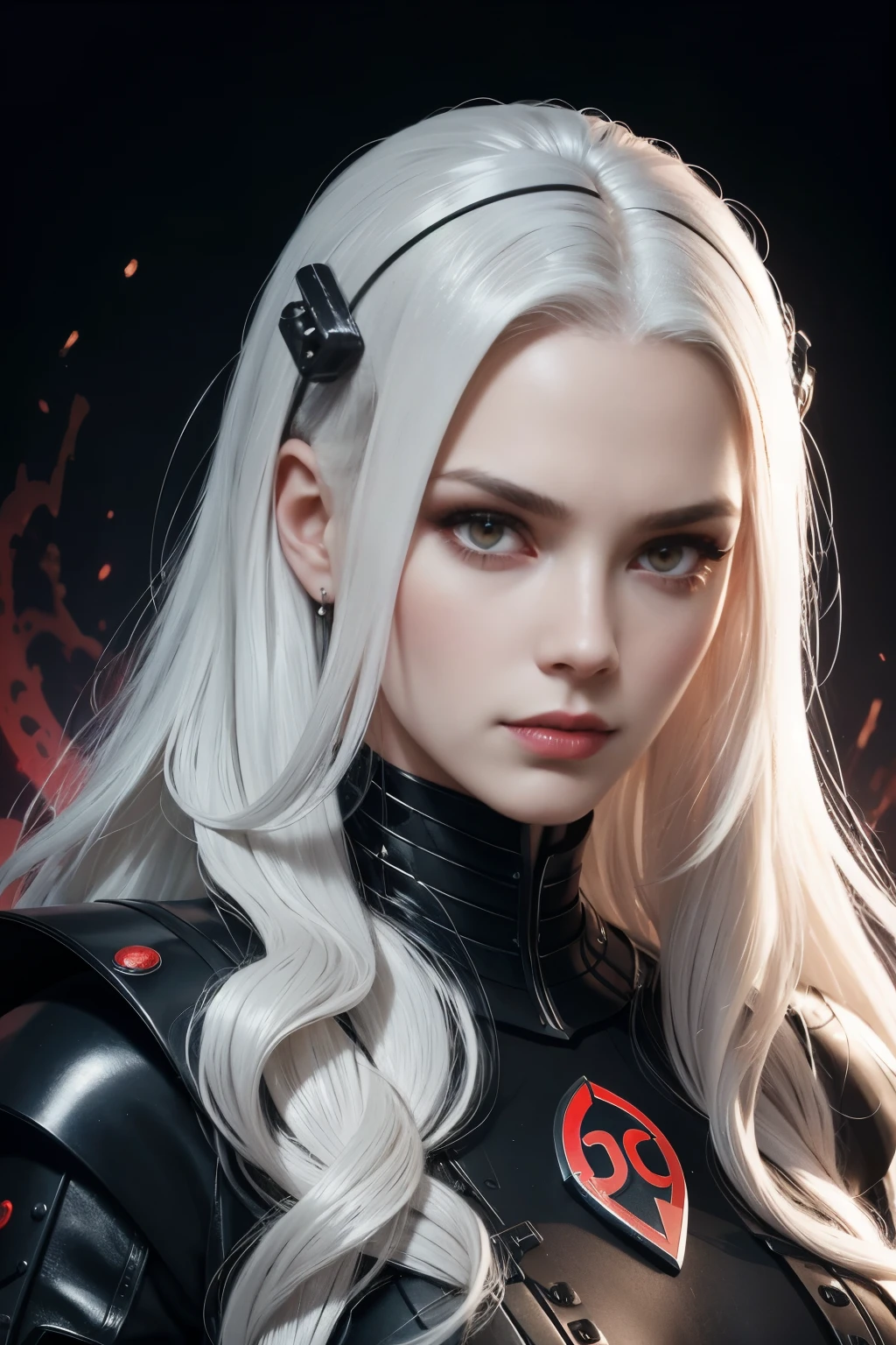 Portrait of a beautiful girl with wavy white hair, wearing a formal black dress with metal parts, red eyes, monograms in the background, digital painting, dark colors, 8k, complex details, vintage, retro futuristic style, sharp focus on the center, pastel colors, art station, (sci-fi, future, future theme), (facial expression looking with disdain), (detailed illustration)