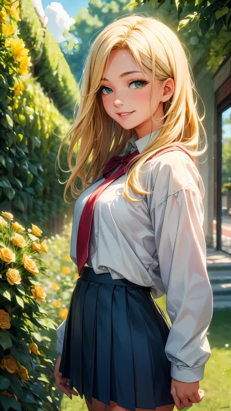 a girl turning around, smiling, with blonde hair, high school student, traditional school uniform, sunny day, green garden, bloo...