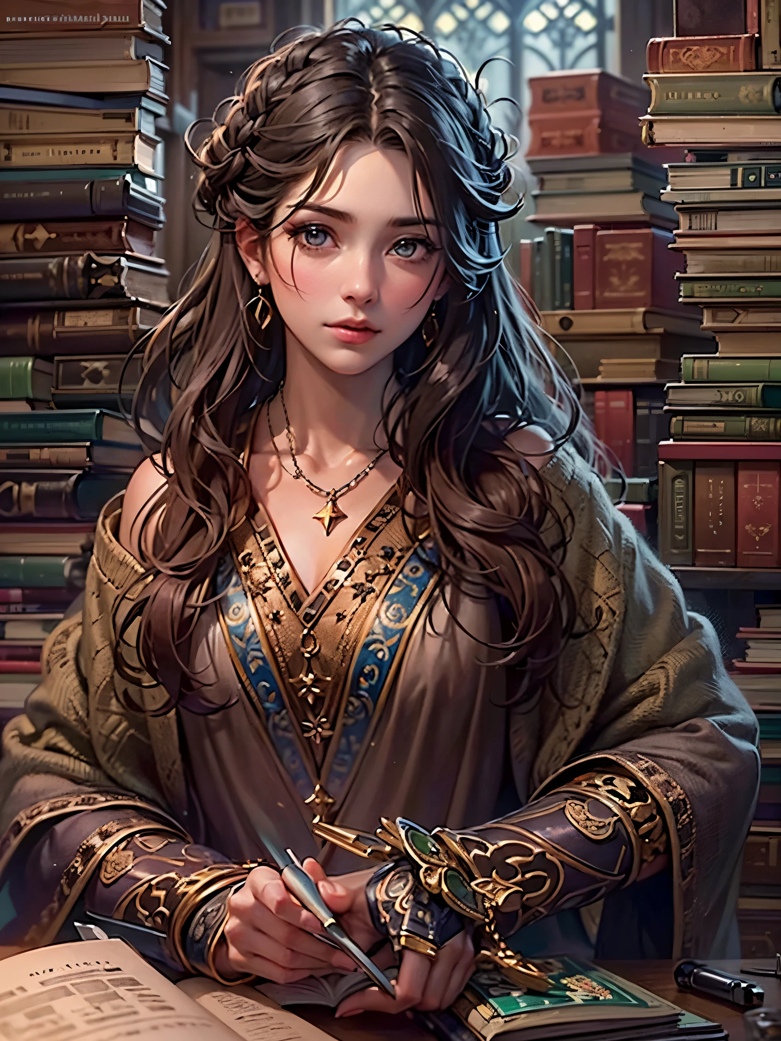 ((highest quality)),(ultra high resolution),(Super detailed),(detailed description),((best CG)),(best work of art),super precision art,great drawing art,(Fantasy art with precise details:1.5), (1 woman:1.6),alchemist:1.6,beautiful and well-shaped face:1.6,Intricately detailed robe:1.7,displeased look:1.6,shiny skin:1.6,messy hair:1.6, Books piled up messy:1.5,A shelf containing experimental tools:1.6