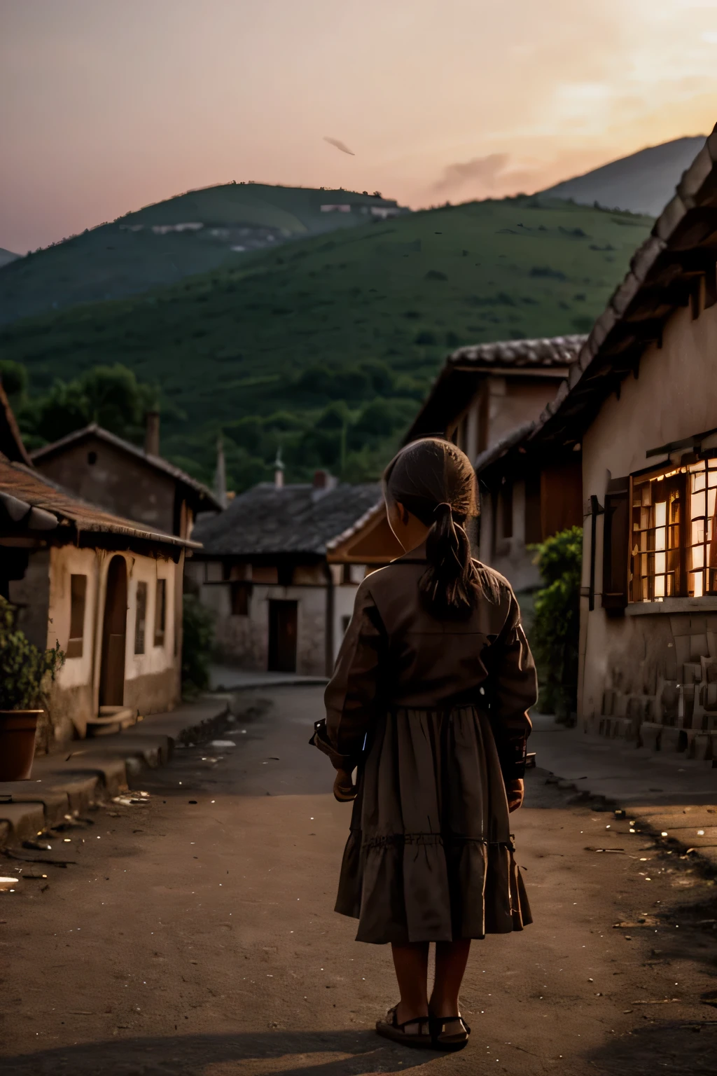 uma aldeia europeia que está a ser incendiada, crepúsculo, uma menina de aldeia a olhar para a aldeia, as roupas dela são pobres e rasgadas, cinematic