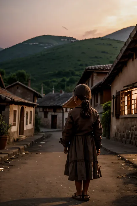 an european village that is set on a huge fire, dusk, a little village girl looking at the village, her clothes are poor and tor...