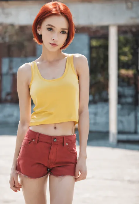 young, thin, teen, girl, small breasts, red hair, thin yellow tank top, cut off jeans shorts