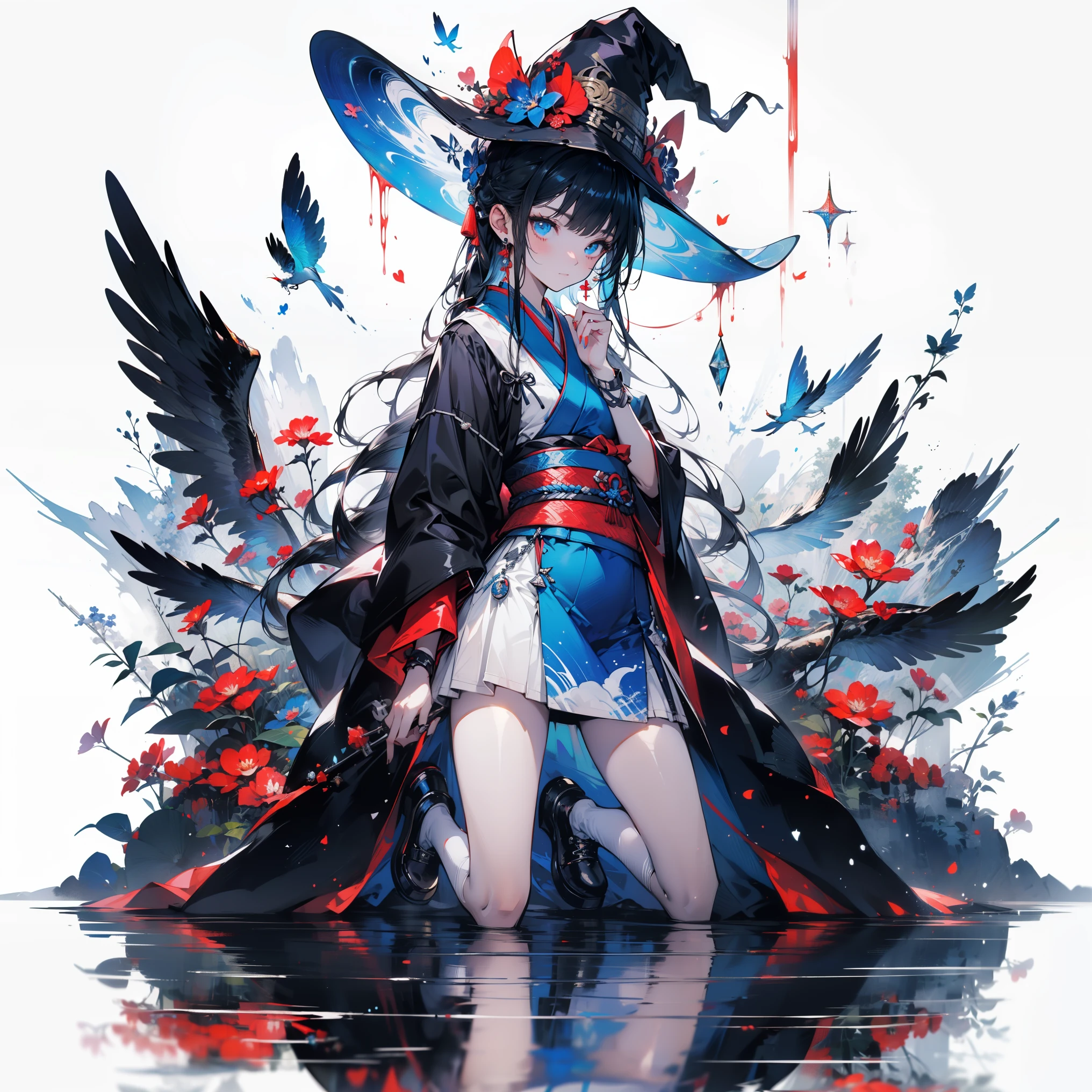 white background, blue skirt，solo woman, alone, (kneel down), (kneel down on white glass surface), (dk, small), (white background), (witch hat), curly, looking at the viewer, with panoramic view, Vision, It begins with the night of the ark., Popular topics on Art Station pixiv, Arknight, pixiv digital art,Onmyoji detailed art, Japanese anime fantasy illustration, author：hero, anime art wallpaper 8k, Sky Witch, pixiv style, anime art wallpaper 4k, anime art wallpaper 4k, (pretty background), Ink painting style，pretty colors，Decisive cut，広いblank領域, blank, space，master piece， super sophisticated，epic work，expensive、expensive品質，best quality，4K