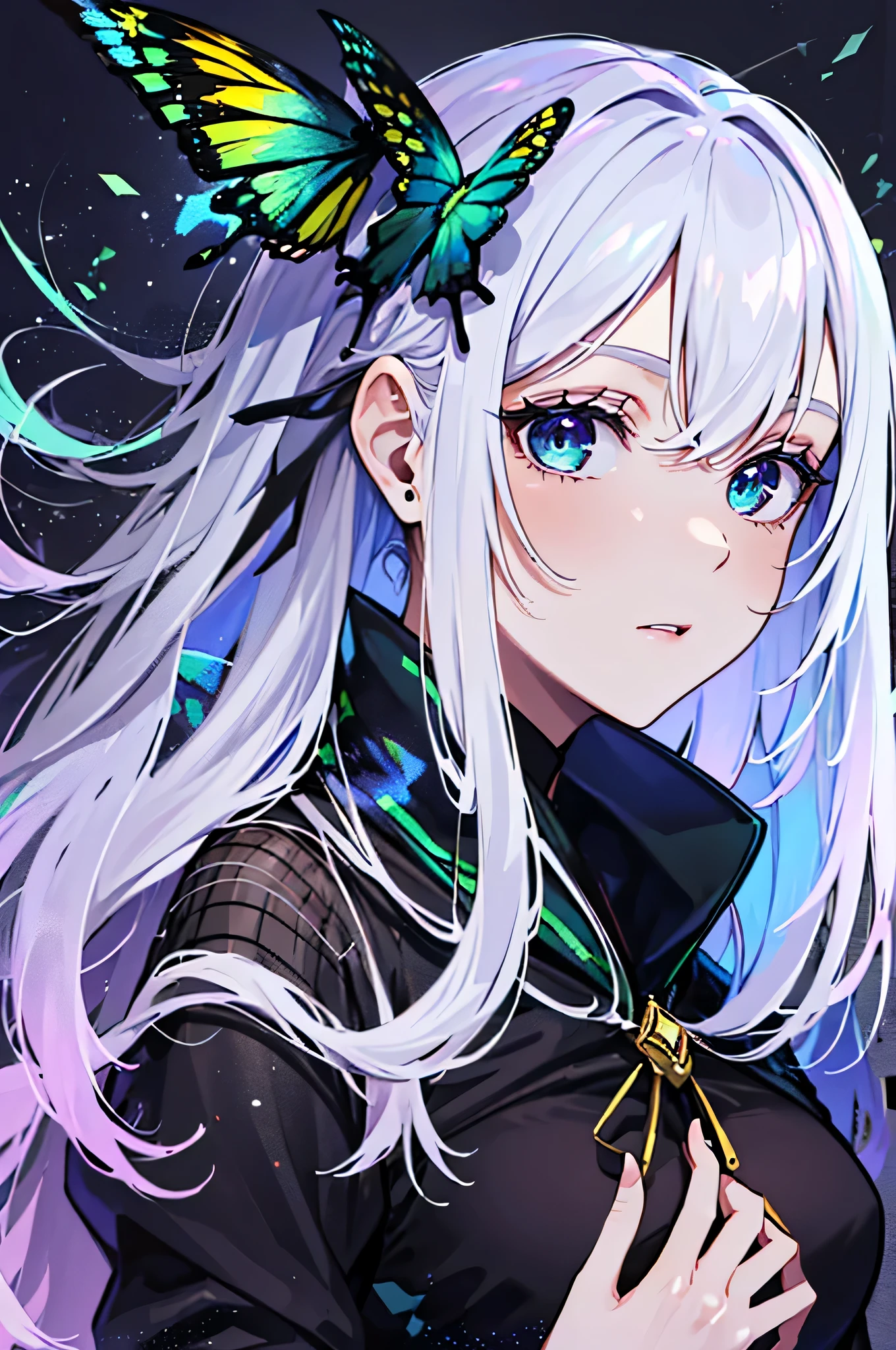 (debris flies, highest quality, ultra high resolution),1 girl,suit, , beautiful and detailed face, fine eyes,((gray hair)),(((Black and Green theme))),((whole body)),perfect eyes、no background,white background,black boots,one piece,echidna,butterfly々hair accessory