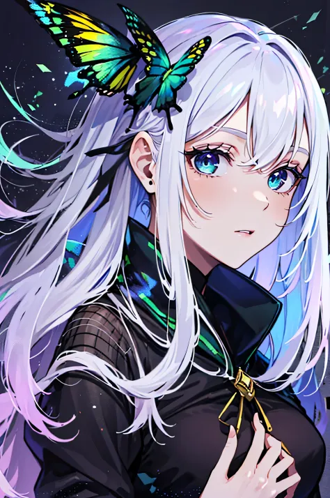 (debris flies, highest quality, ultra high resolution),1 girl,suit, , beautiful and detailed face, fine eyes,((gray hair)),(((Bl...