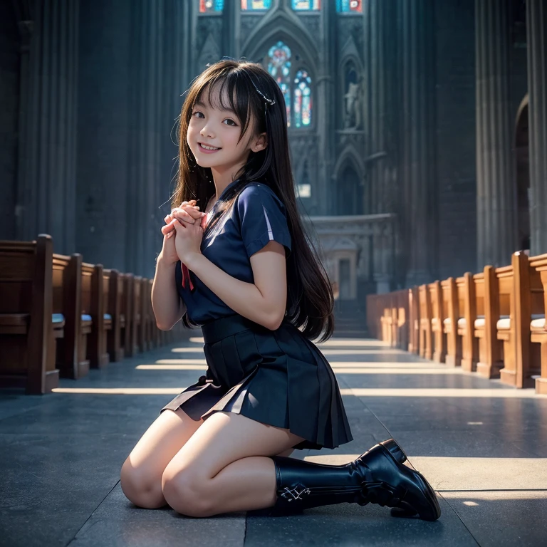 ((Full Body Esbione))、((sideshot))、((small tits、small and flat chest))、  ((Short sleeve white blouse、Ultra mini pleated skirt in dark blue)), ((Red tie))、 ((Black boots))、((Kneeling prayer pose in church、Fold your hands))、((１In person))、((The background is the interior of a deserted Gothic church..))、((lofty nose))、((Delicate body))、((vertical upper body))、((clean、​masterpiece、Professional artwork、famousartwork))、((Perfect girl body))、((beautiful preteen girl)),((Cute face))、 Very light skin ,Semi-long hair, Wavy Hair , Brown hair,japanes、 Photorealistic, direct lighting, Volumetric Lights, ultra-detailliert, Best Quality, Ultra-high resolution, nffsw, 8K Mastepiece, Best Quality, ((8years old、teens girl)),((big eye))、、Raw photo, absurderes, ((With smiling eyes、ssmile)), ((Opening Mouth)),